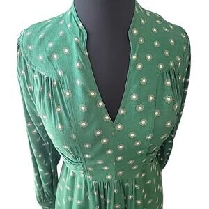 Boden Floral Print Midi Dress Green Spring Long Sleeve V Neck Women US 6R UK 10R